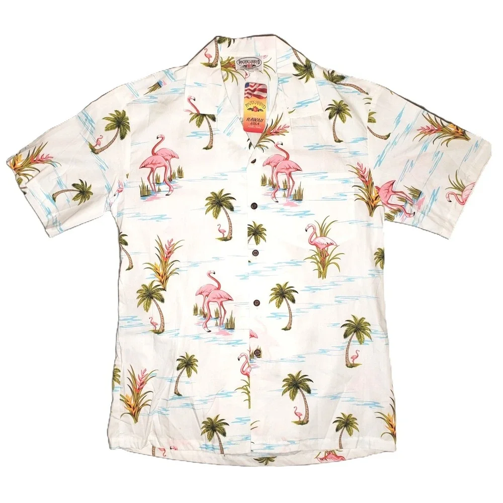 Pacific Legend Flamingo Hawaiian Shirt Mens Medium White Tropical Palm Tree New - Picture 1 of 5